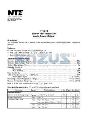 NTE218 datasheet - Silicon PNP Transistor Audio Power Output