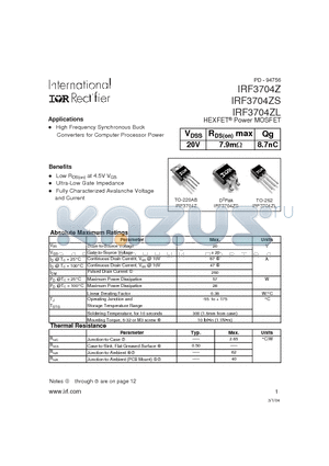 IRF3704ZL datasheet - HEXFET Power MOSFET