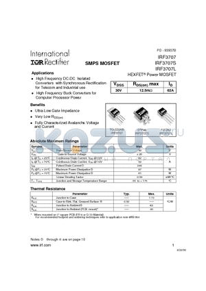 IRF3707 datasheet - Power MOSFET(Vdss=30V, Rds(on)max=12.5mohm, Id=62A)