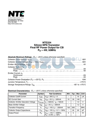 NTE224 datasheet - Silicon NPN Transistor Final RF Power Output for CB PO = 4W, 50MHz