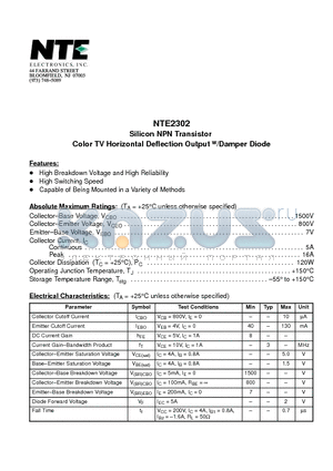 NTE2302 datasheet - Silicon NPN Transistor Color TV Horizontal Deflection Output w/Damper Diode