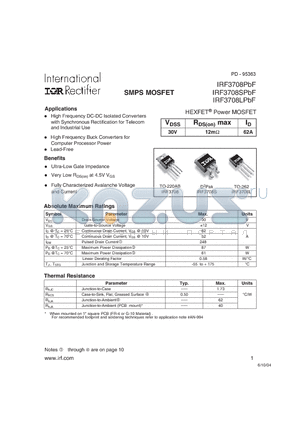 IRF3708LPBF datasheet - SMPS MOSFET HEXFET^Power MOSFET