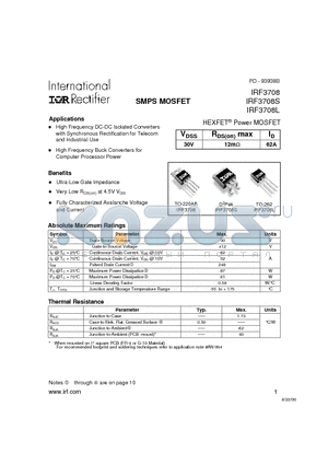 IRF3708S datasheet - Power MOSFET(Vdss=30V, Rds(on)max=12mohm, Id=62A)