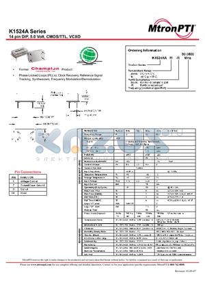K1524AA-R datasheet - 14 pin DIP, 5.0 Volt, CMOS/TTL, VCXO
