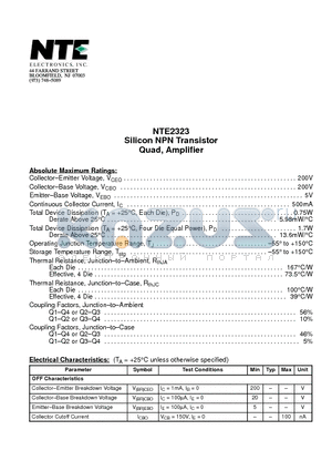 NTE2323 datasheet - Silicon NPN Transistor Quad, Amplifier