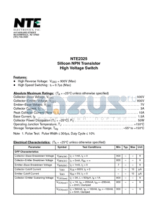 NTE2325 datasheet - Silicon NPN Transistor High Voltage Switch