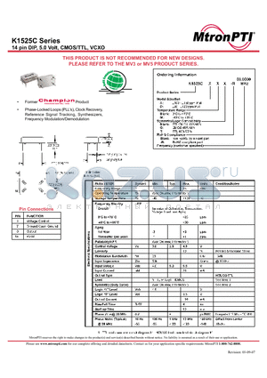 K1525C datasheet - 14 pin DIP, 5.0 Volt, CMOS/TTL, VCXO