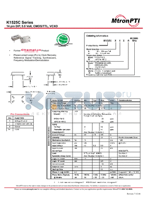 K1525CAB-R datasheet - 14 pin DIP, 5.0 Volt, CMOS/TTL, VCXO