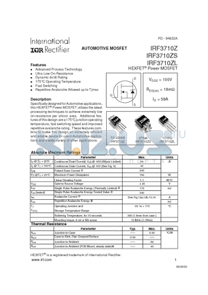 IRF3710ZL datasheet - AUTOMOTIVE MOSFET