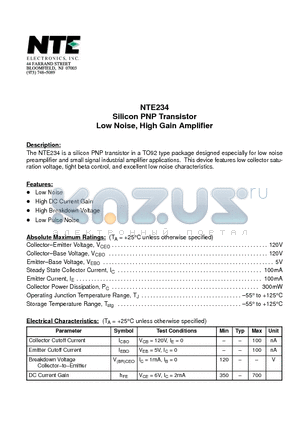 NTE234 datasheet - Silicon PNP Transistor Low Noise, High Gain Amplifier