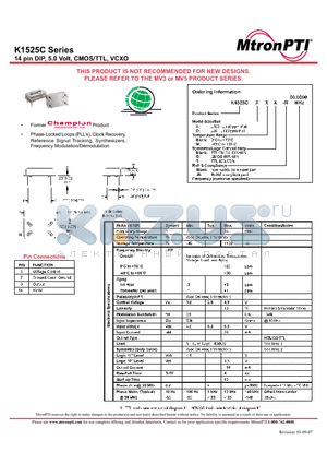 K1525CAMC-R datasheet - 14 pin DIP, 5.0 Volt, CMOS/TTL, VCXO