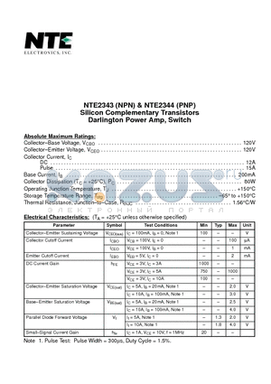 NTE2343 datasheet - Silicon Complementary Transistors Darlington Power Amp, Switch