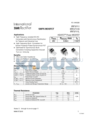 IRF3711 datasheet - Power MOSFET(Vdss=20V, Rds(on)max=6.0mohm, Id=110A)