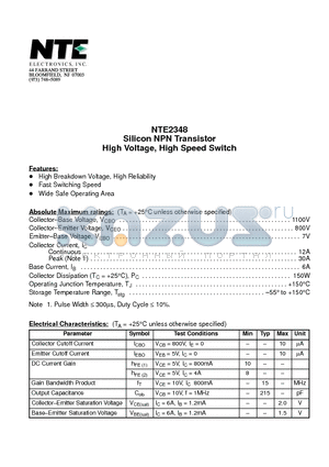 NTE2348 datasheet - Silicon NPN Transistor High Voltage, High Speed Switch