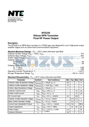 NTE235 datasheet - Silicon NPN Transistor Final RF Power Output