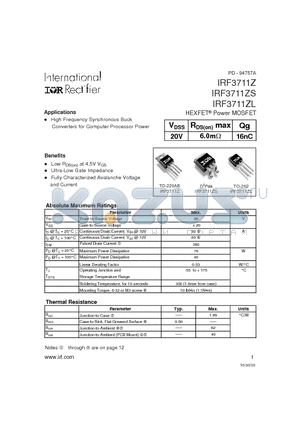 IRF3711Z datasheet - HEXFET Power MOSFET