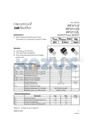 IRF3711ZS datasheet - HEXFET Power MOSFET