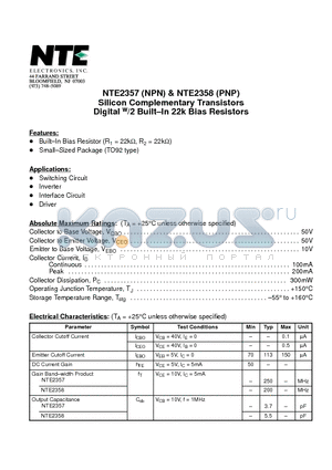 NTE2357 datasheet - Silicon Complementary Transistors Digital w/2 Built-In 22k Bias Resistors