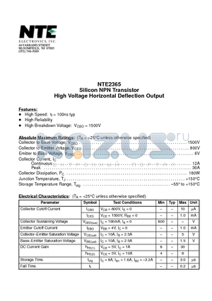 NTE2365 datasheet - Silicon NPN Transistor High Voltage Horizontal Deflection Output