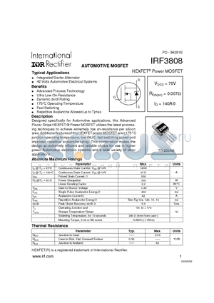 IRF3808 datasheet - Power MOSFET(Vdss=75V, Rds(on)=0.007ohm, Id=140A)