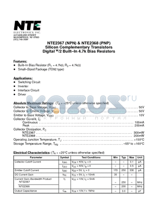 NTE2367 datasheet - Silicon Complementary Transistors Digital w/2 Built-In 4.7k Bias Resistors