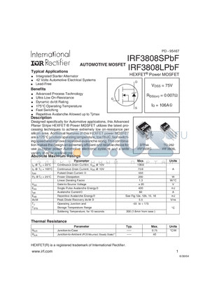 IRF3808SPBF datasheet - AUTOMOTIVE MOSFET