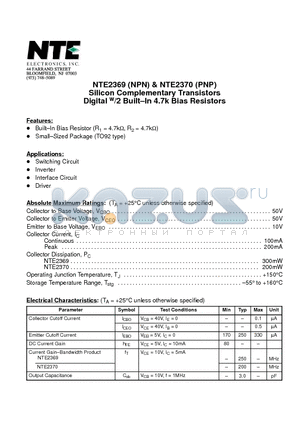 NTE2370 datasheet - Silicon Complementary Transistors Digital w/2 Built-In 4.7k Bias Resistors