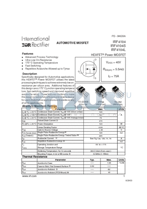 IRF4104 datasheet - AUTOMOTIVE MOSFET