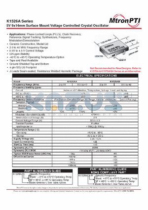 K1526AA datasheet - 5V 9x14mm Surface Mount Voltage Controlled Crystal Oscillator