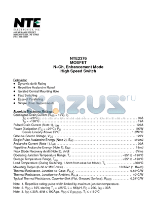 NTE2376 datasheet - MOSFET N-Ch, Enhancement Mode High Speed Switch