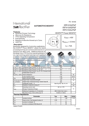 IRF4104PBF datasheet - HEXFET^ Power MOSFET