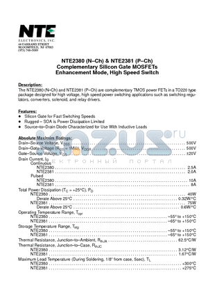 NTE2380 datasheet - Complementary Silicon Gate MOSFETs Enhancement Mode, High Speed Switch