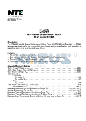 NTE2388 datasheet - MOSFET N-Channel Enhancement Mode, High Speed Switch