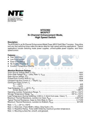 NTE2392 datasheet - MOSFET N-Channel Enhancement Mode, High Speed Switch