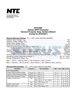 NTE2406 datasheet - Silicon NPN Transistor General Purpose Amp, Surface Mount (Compl to NTE2407)
