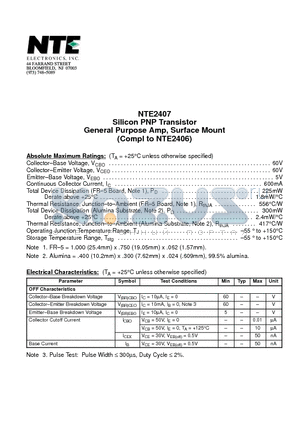 NTE2407 datasheet - Silicon PNP Transistor General Purpose Amp, Surface Mount (Compl to NTE2406)