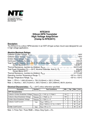 NTE2410 datasheet - Silicon NPN Transistor High Voltage Amp/Driver (Comp to NTE2411)