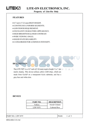 LTP747Y datasheet - The LTP-747Y is a 0.7 inch (17.22 mm) matrix height 5 x 7 dot matrix display