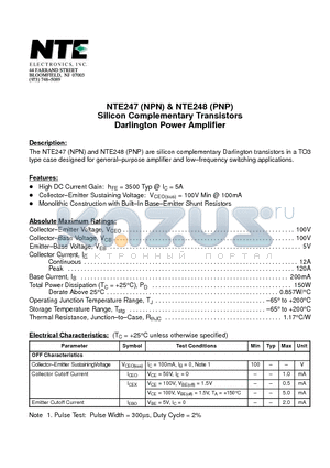 NTE248 datasheet - Silicon Complementary Transistors Darlington Power Amplifier