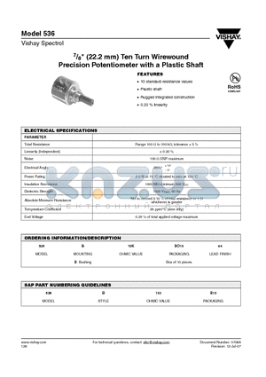 MODEL536 datasheet - 7/8inch (22.2 mm) Ten Turn Wirewound Precision Potentiometer with a Plastic Shaft