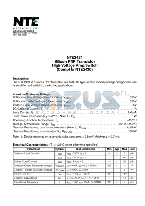 NTE2431 datasheet - Silicon PNP Transistor High Voltage Amp/Switch (Compl to NTE2430)