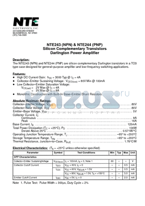 NTE244 datasheet - Silicon Complementary Transistors Darlington Power Amplifier