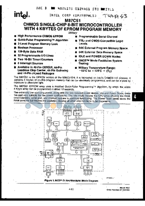 MD87C51 datasheet - CHMOS SINGLE-CHIP 8-BIT MICROCONTROLLER WITH 4 KBYTES OF EPROM PROGRAM MEMORY