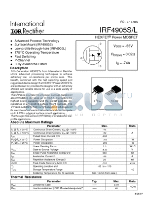 IRF4905S datasheet - Power MOSFET(Vdss=-55V, Rds(on)=0.02ohm, Id=-74A)