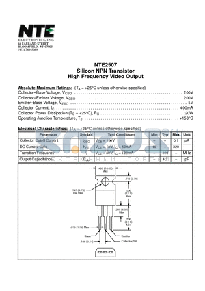 NTE2507 datasheet - Silicon NPN Transistor High Frequency Video Output