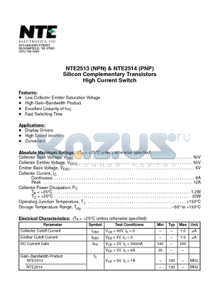 NTE2514 datasheet - Silicon Complementary Transistors High Current Switch