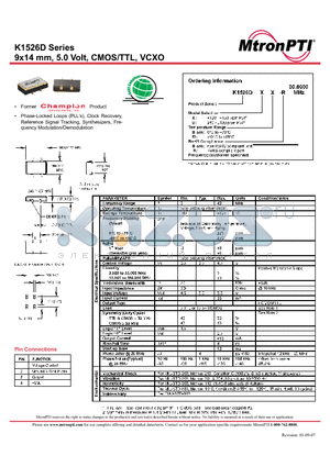K1526DDM datasheet - 9x14 mm, 5.0 Volt, CMOS/TTL, VCXO