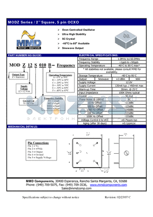 MODZ12S010D datasheet - Oven Controlled Oscillator