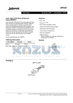 IRF520 datasheet - 9.2A, 100V, 0.270 Ohm, N-Channel Power MOSFET