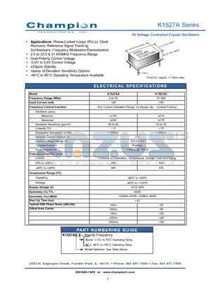 K1527AA datasheet - 5V Voltage Controlled Crystal Oscillators